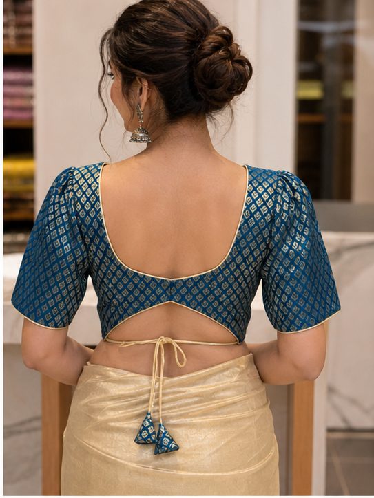 Royal Teal Brocade Elegance Blouse - View 2