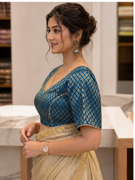 Royal Teal Brocade Elegance Blouse - View 3