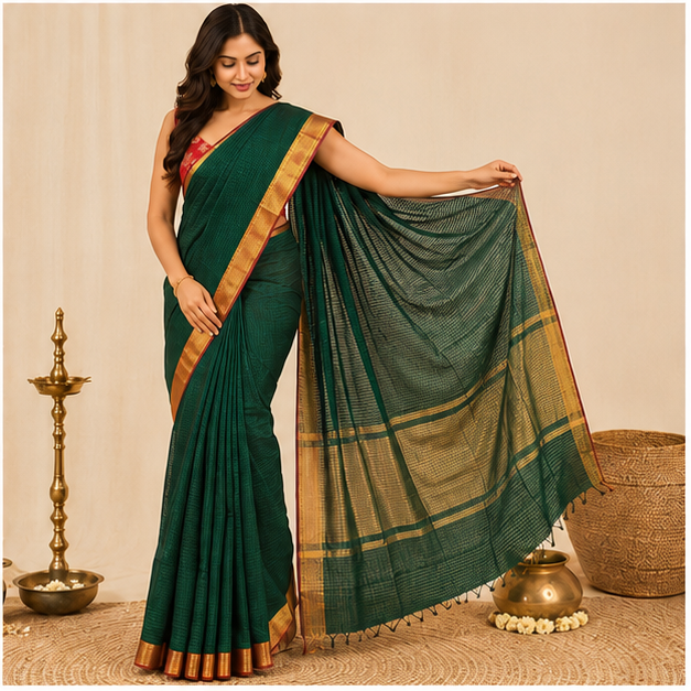 MANGALGIRI NIZAM BORDER MISSING CHECK COTTON SAREE - View 2