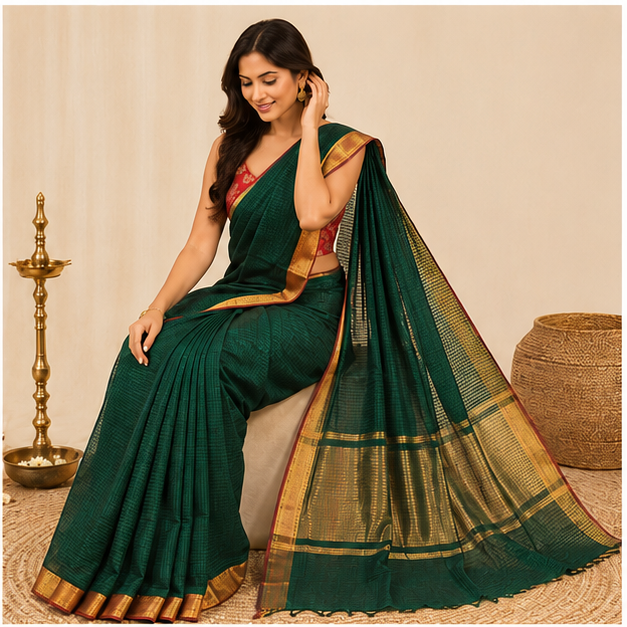 MANGALGIRI NIZAM BORDER MISSING CHECK COTTON SAREE - View 3