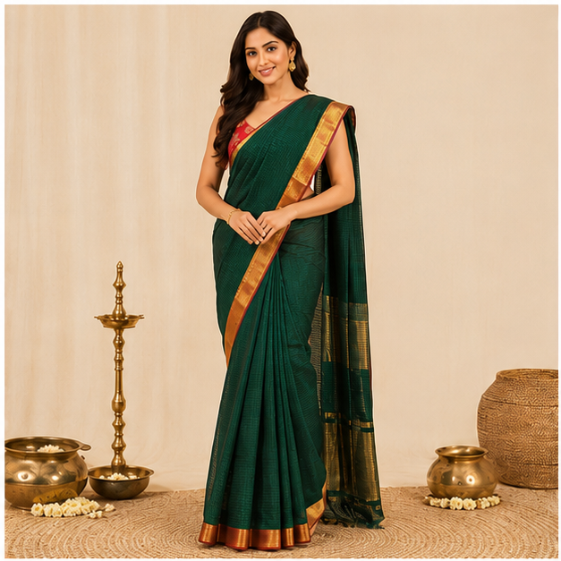 MANGALGIRI NIZAM BORDER MISSING CHECK COTTON SAREE - View 4