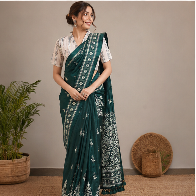 BANGALORE SILK HANDCRAFTED KANTHA WORK SAREE