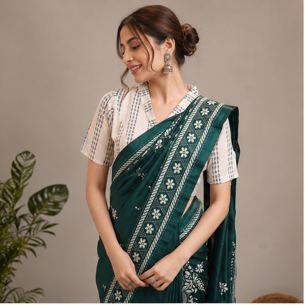 BANGALORE SILK HANDCRAFTED KANTHA WORK SAREE - View 3