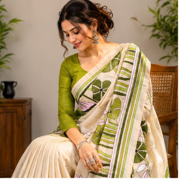 GACHI TUSSAR HAND CRAFTED KAANTHA WORK SAREE - View 2