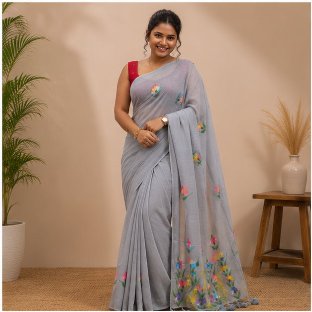 MALAI COTTON HANDPAINT SAREE - View 2