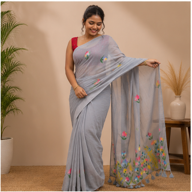 MALAI COTTON HANDPAINT SAREE - View 3
