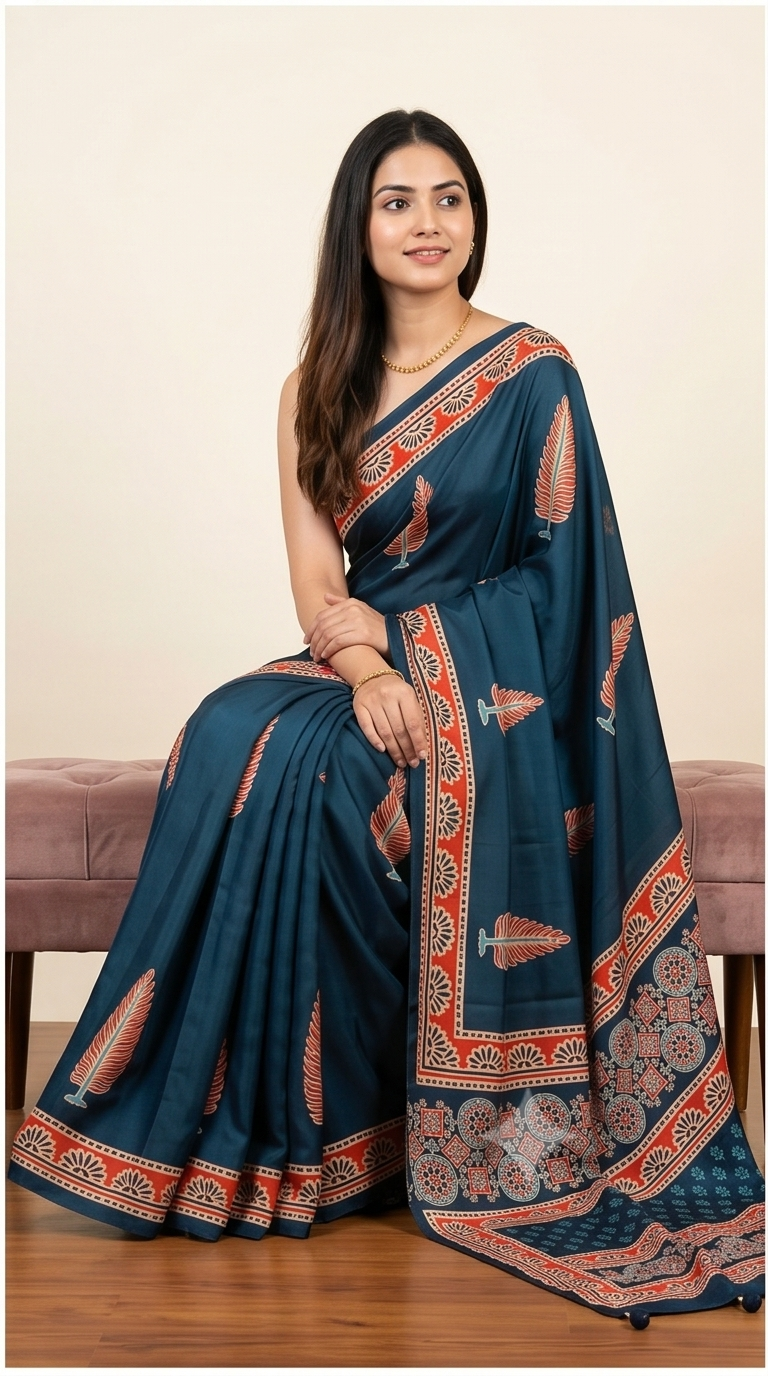 SEMI MODAL AJRAKH PRINTED SAREE - View 3