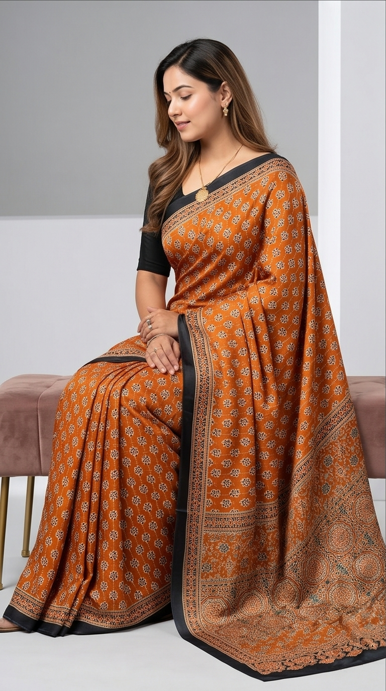 SEMI SILK AJRAKH PRINTED SAREE - View 2