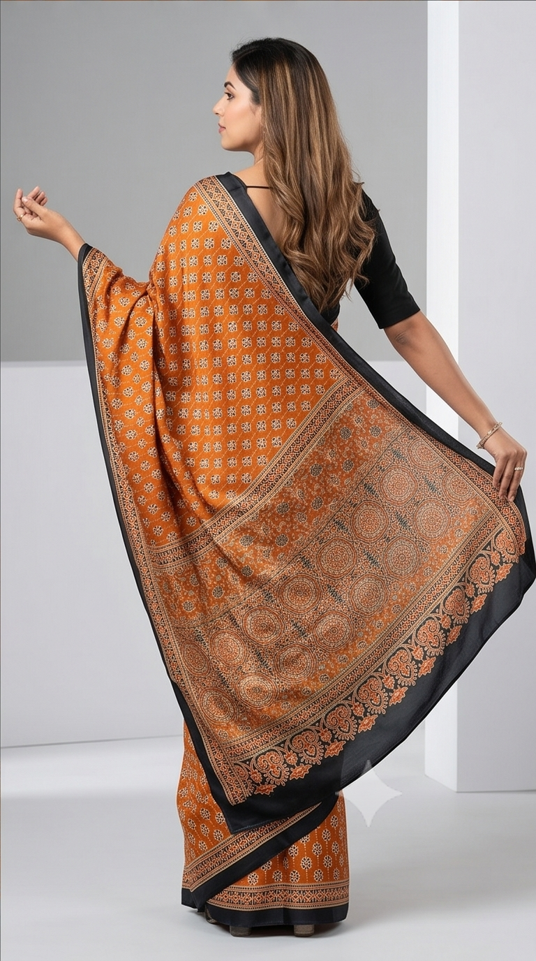 SEMI SILK AJRAKH PRINTED SAREE - View 3