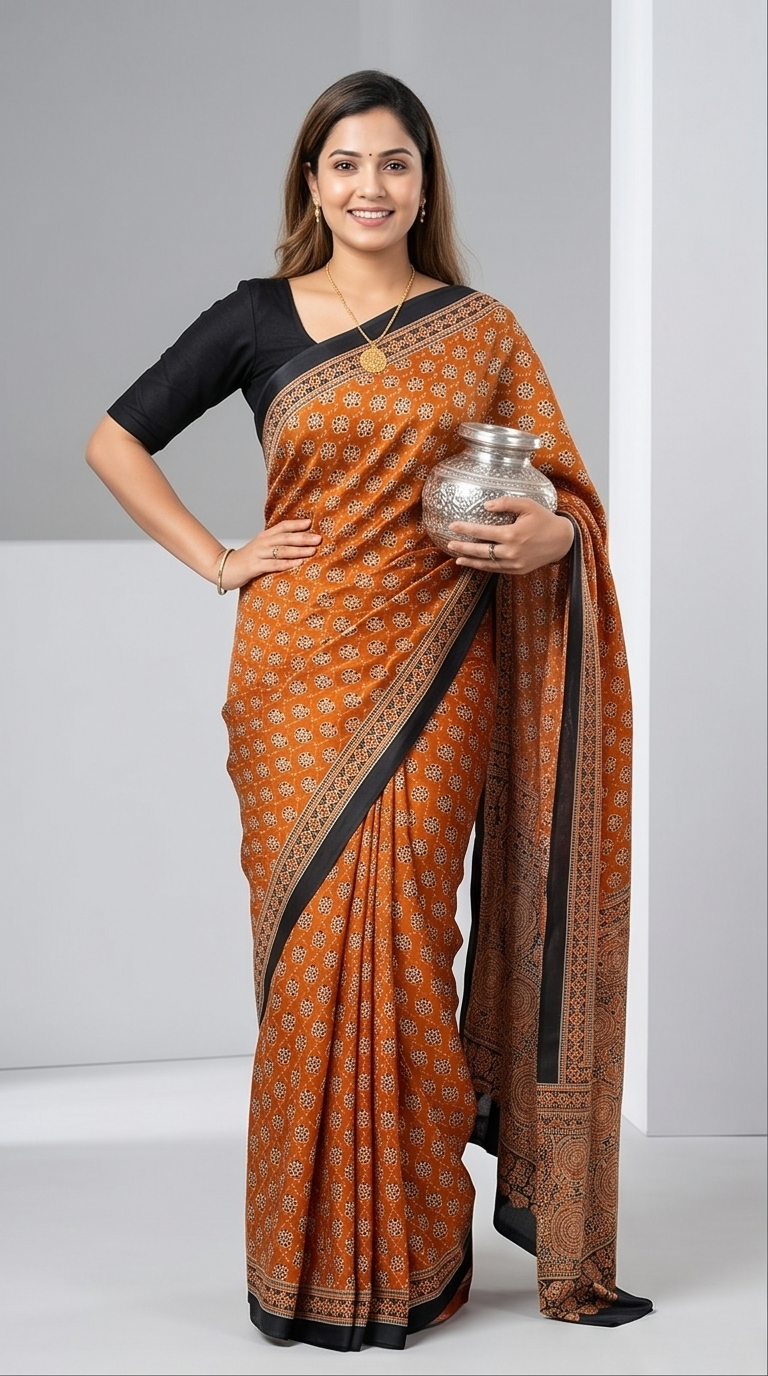 SEMI SILK AJRAKH PRINTED SAREE - View 4