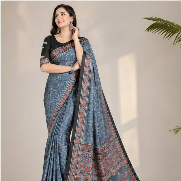 SEMI SILK AJRAKH PRINTED SAREE
