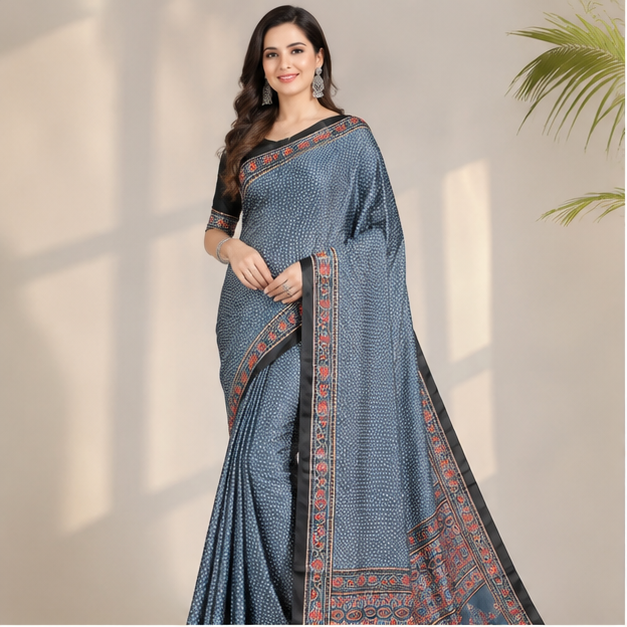 SEMI SILK AJRAKH PRINTED SAREE - View 2