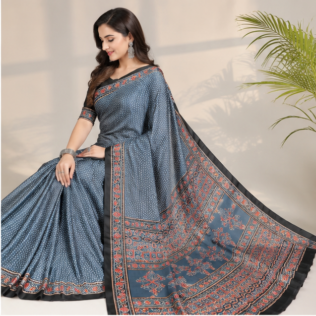 SEMI SILK AJRAKH PRINTED SAREE - View 3
