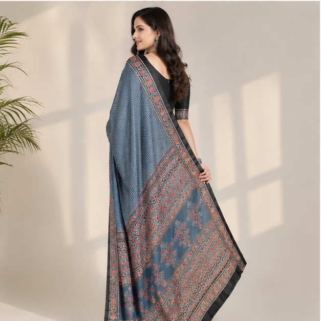 SEMI SILK AJRAKH PRINTED SAREE - View 4