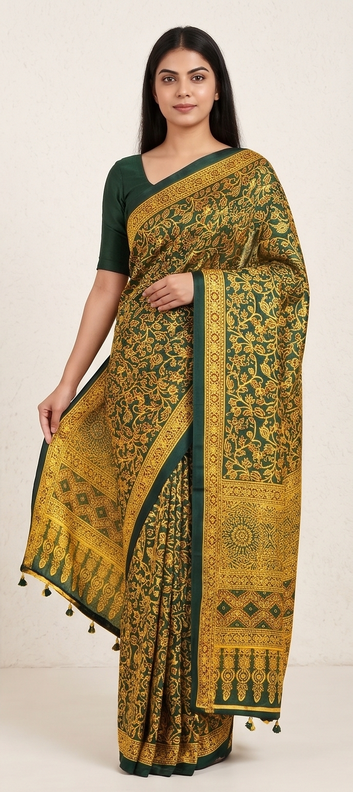 SEMI MODAL AJRAKH PRINTED SAREE