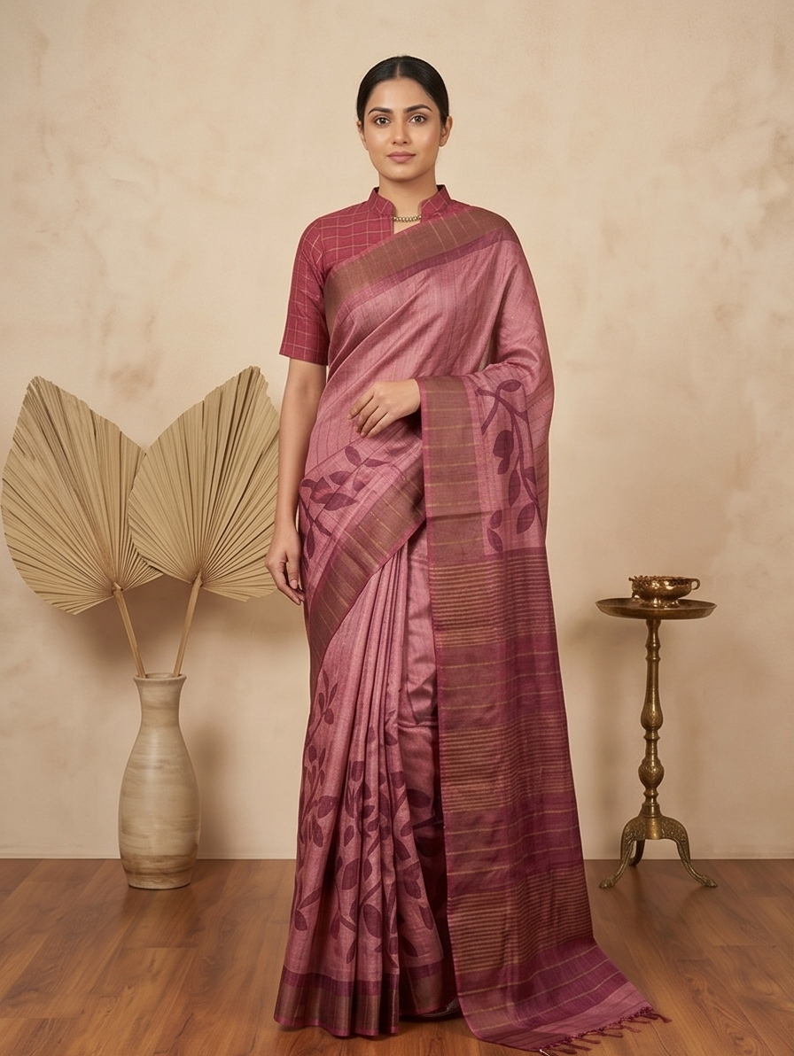 ROSE PINK CHECK ZARI TUSSAR - View 3