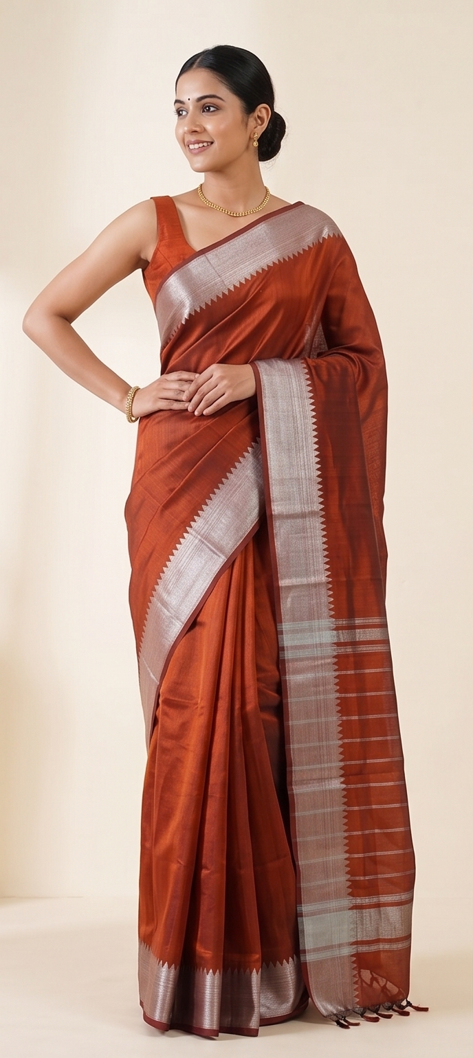 MANGALGIRI PATTU 150K GOLD BORDER SAREE - Color:BURNT RUST ORANGE