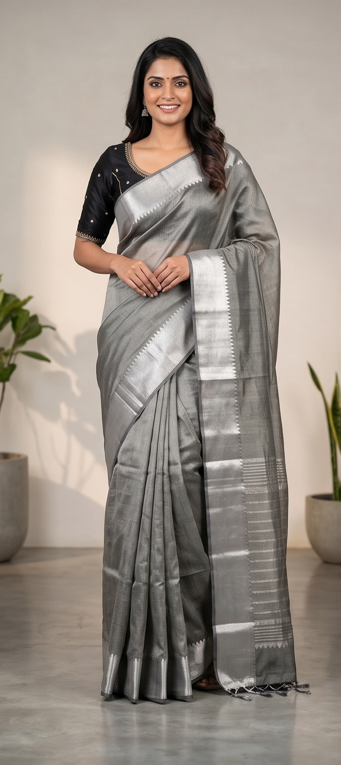 MANGALGIRI PATTU 150K GOLD BORDER SAREE - Color:GREY