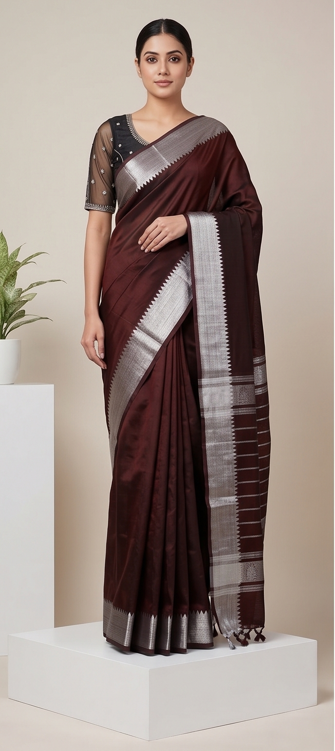 MANGALGIRI PATTU 150K GOLD BORDER SAREE - Color:RICH DARK BROWN