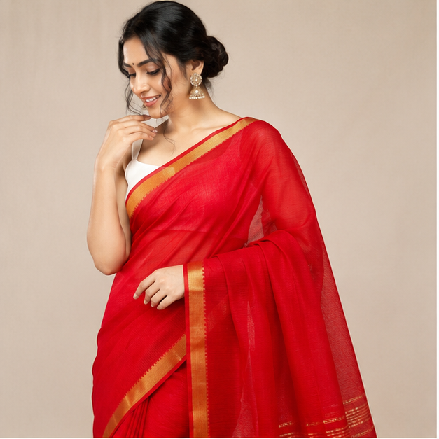 MANGALGIRI PATTU SMALL BORDER SAREE - Color:Red