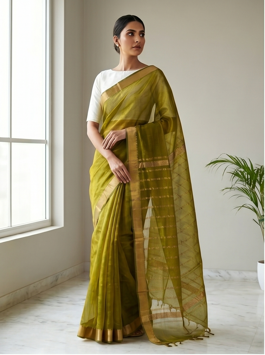 MANGALGIRI PATTU SMALL BORDER SAREE - Color:SAP GREEN
