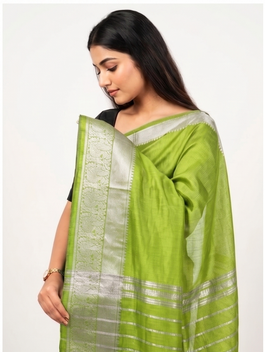 MANGALGIRI KANCHI BORDER SAREE - Color:PARROT GREEN