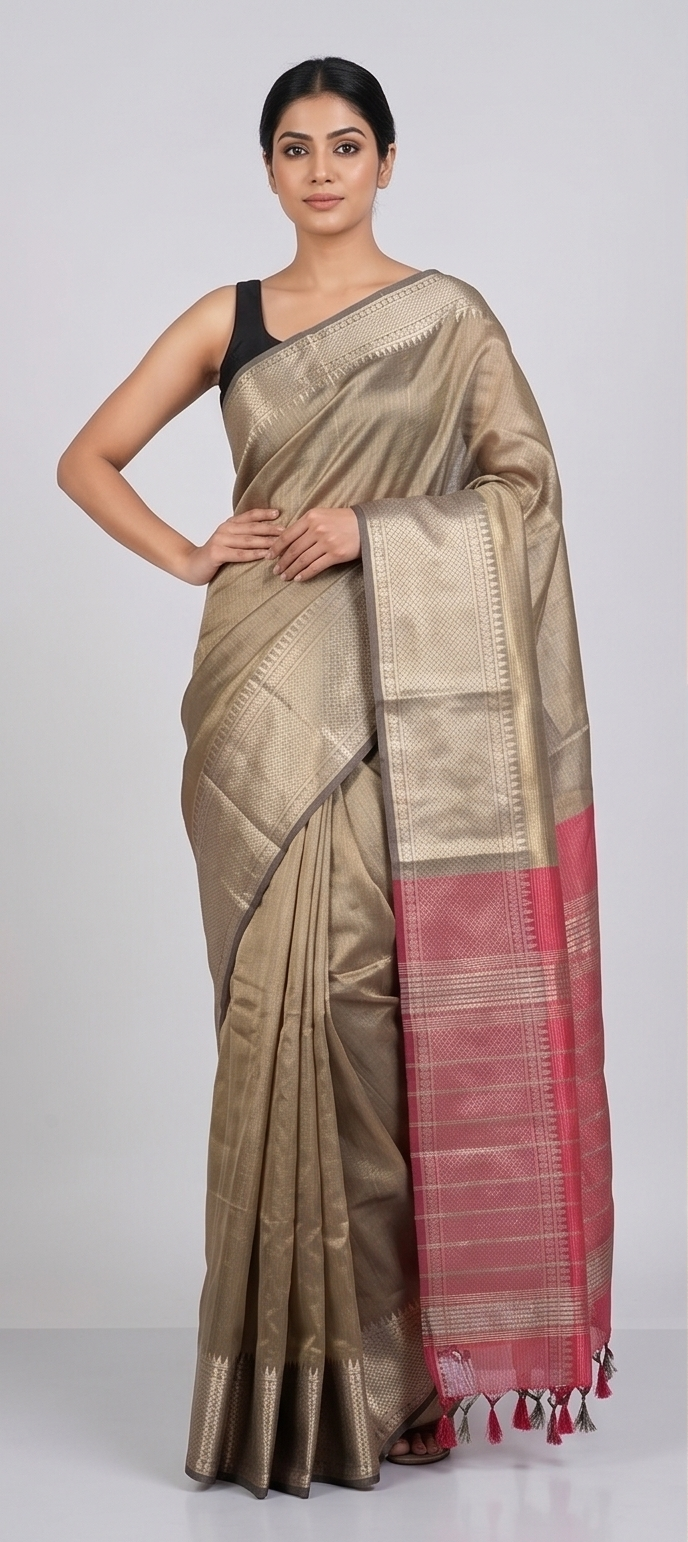 MANGALGIRI KANCHI BORDER SAREE - Color:YELLOWISH GREY