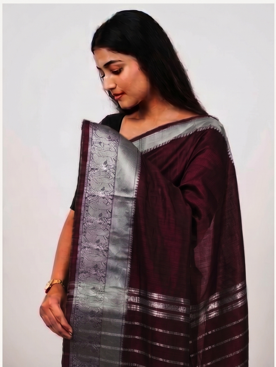 MANGALGIRI KANCHI BORDER SAREE - Color:WINE MAROON SHADE WITH SUBTLE BLACK