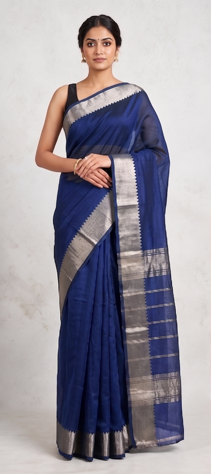 Mangalagiri Silk Cotton - Color:DARK ROYAL BLUE