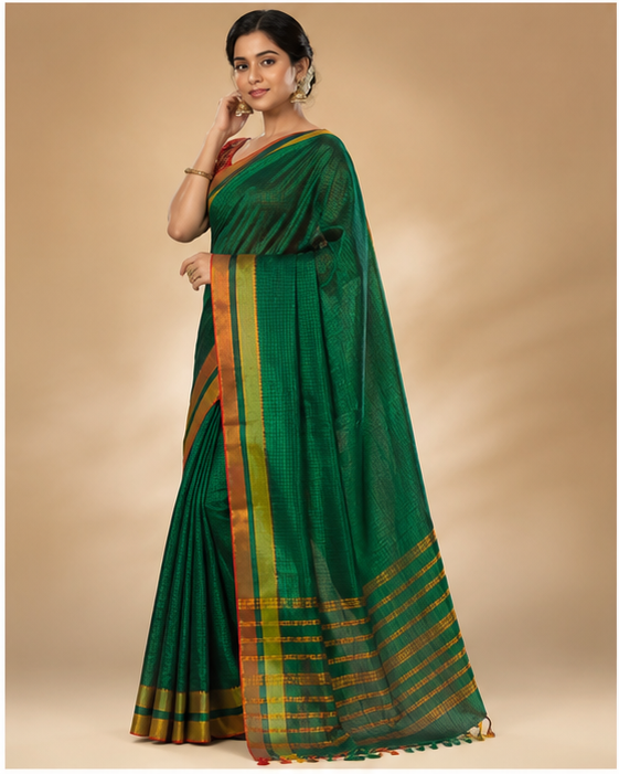 MANGALGIRI SEMI SILK MULTI LAYERED BORDER SAREE - Color:BOTTLE GREEN