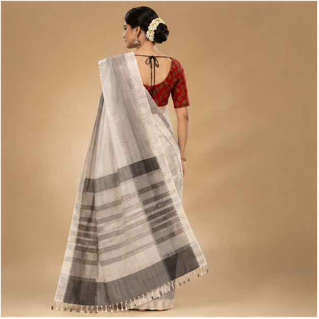 MANGALGIRI SEMI SILK MULTI LAYERED BORDER SAREE - Color:White