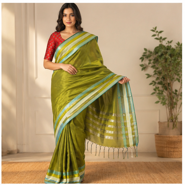 MANGALGIRI SEMI SILK MULTI LAYERED BORDER SAREE - Color:OLIVE GREEN