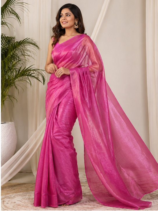 TISSUE COTTON SAREE - Color:DEEP PINK