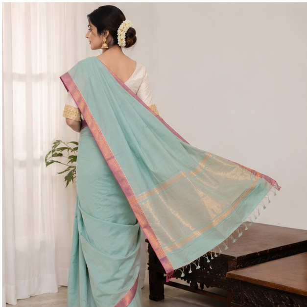 MANGALGIRI / NIZAM BORDER COTTON SAREE - Color:AQUA MINT