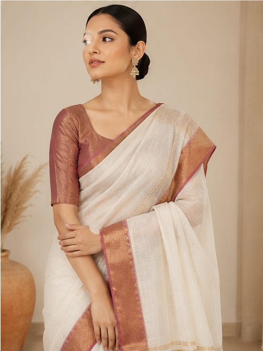 MANGALGIRI / NIZAM BORDER COTTON SAREE - Color:White