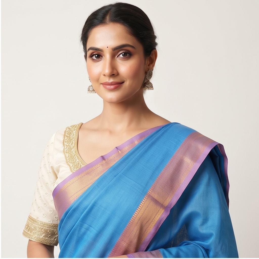 MANGALGIRI / NIZAM BORDER COTTON SAREE - Color:AZURE BLUE