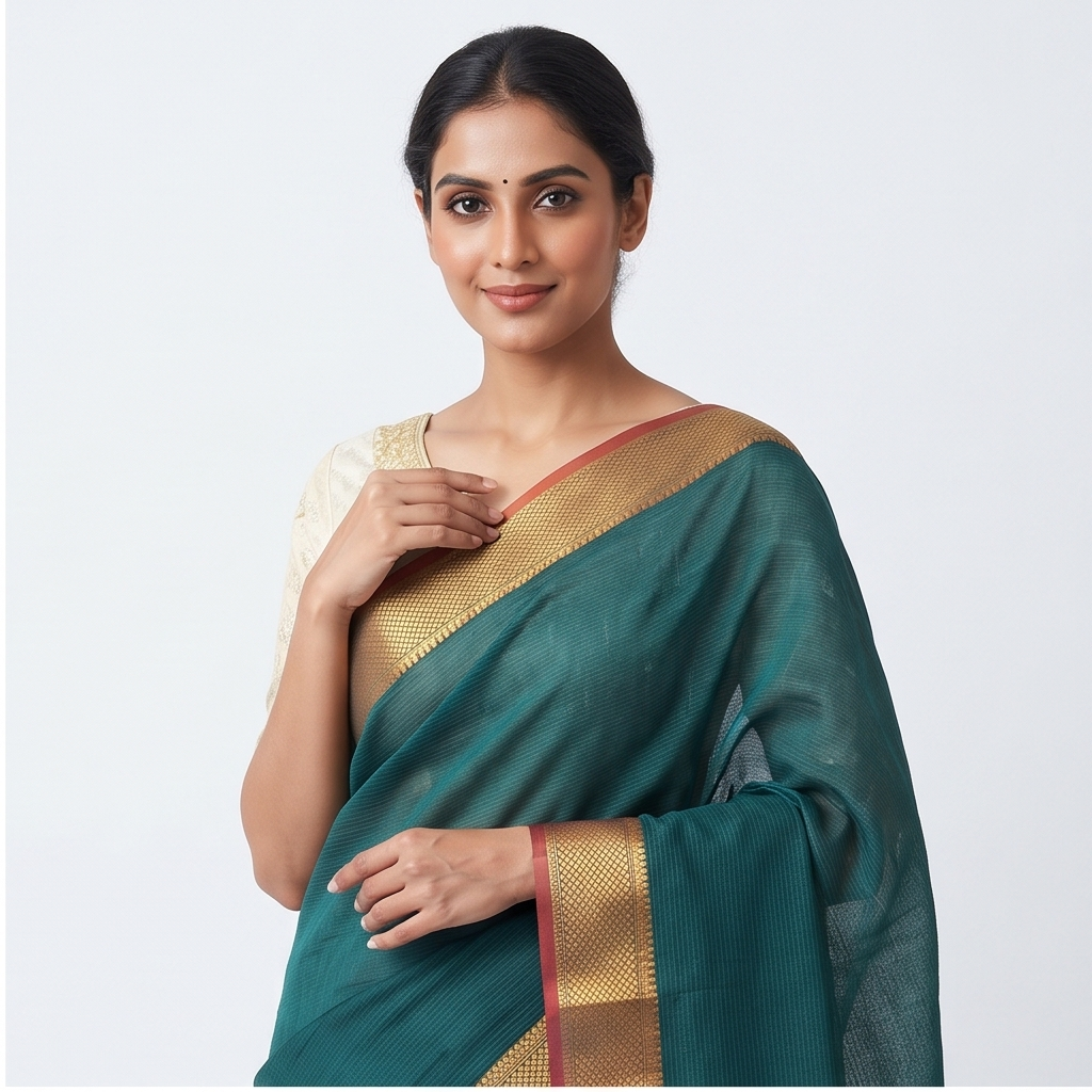 MANGALGIRI / NIZAM BORDER COTTON SAREE - Color:DEEP PEACOCK GREEN