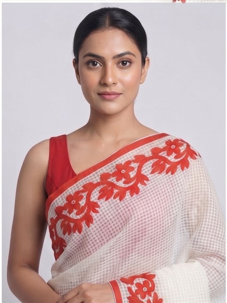 WHITE-RED COTTON KOTA APPLICK SAREE