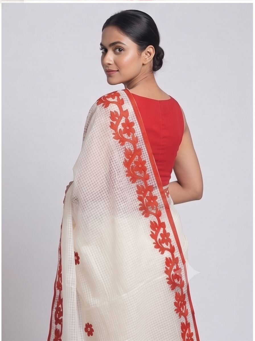 WHITE-RED COTTON KOTA APPLICK SAREE - View 2
