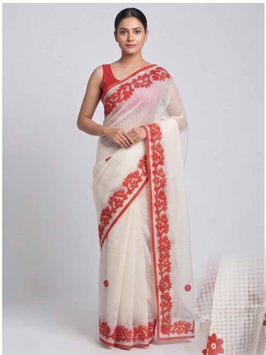WHITE-RED COTTON KOTA APPLICK SAREE - View 3