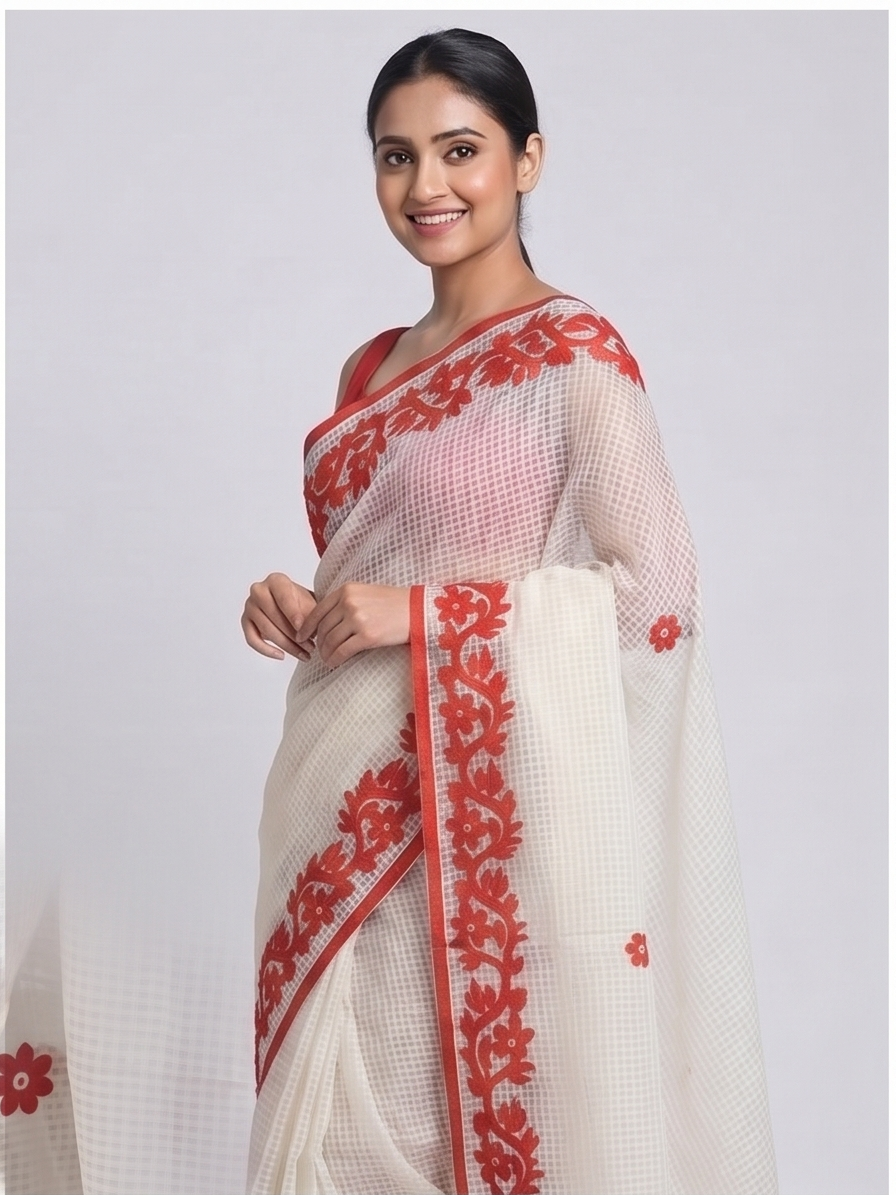 WHITE-RED COTTON KOTA APPLICK SAREE - View 4
