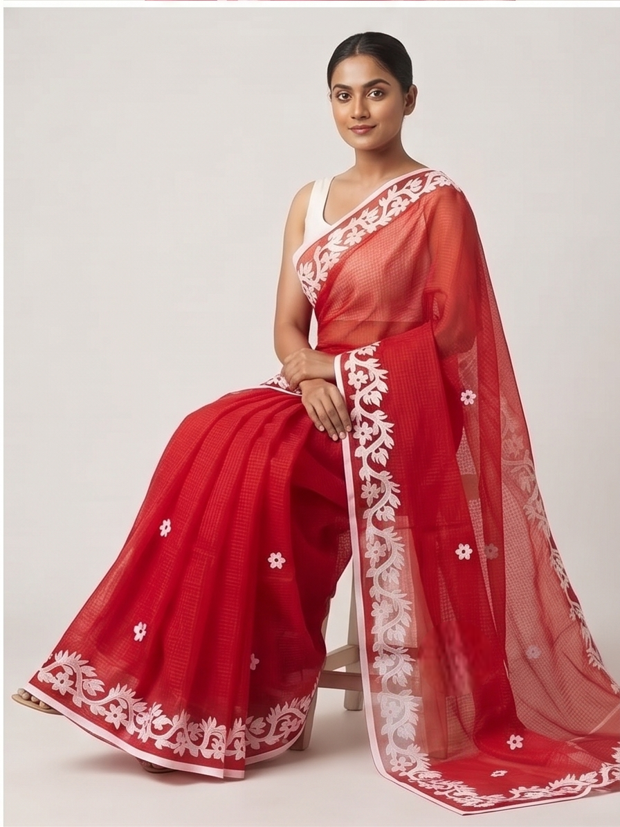 RED COTTON KOTA APPLICK SAREE
