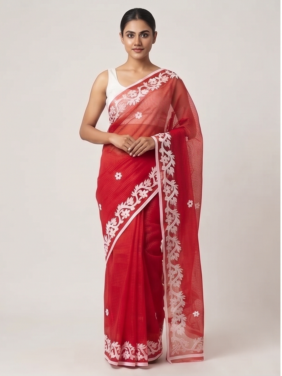 RED COTTON KOTA APPLICK SAREE - View 2