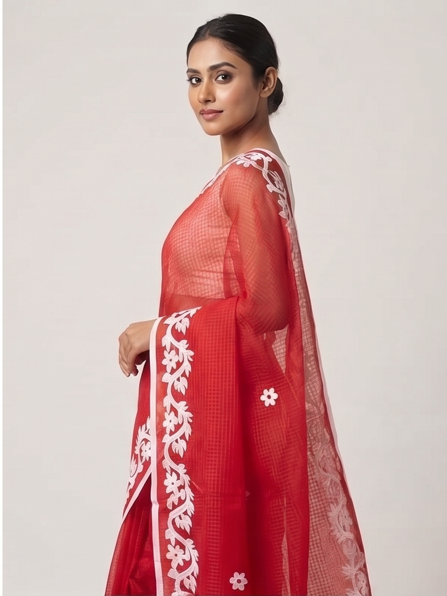 RED COTTON KOTA APPLICK SAREE - View 3