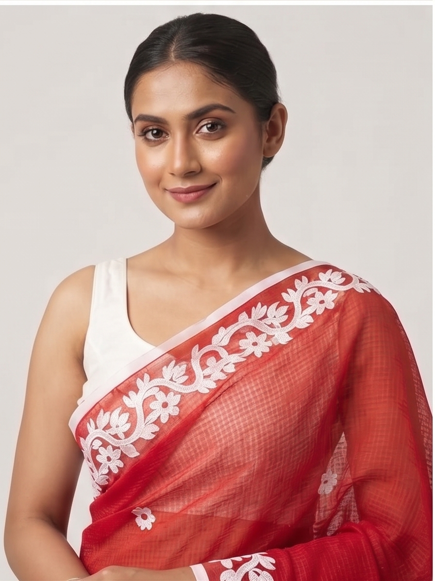 RED COTTON KOTA APPLICK SAREE - View 4