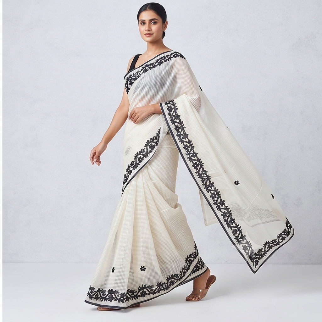 WHITE-BLACK COTTON KOTA APPLICK SAREE