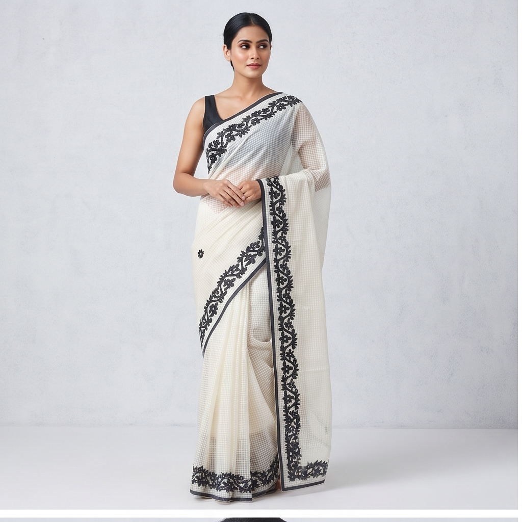 WHITE-BLACK COTTON KOTA APPLICK SAREE - View 2