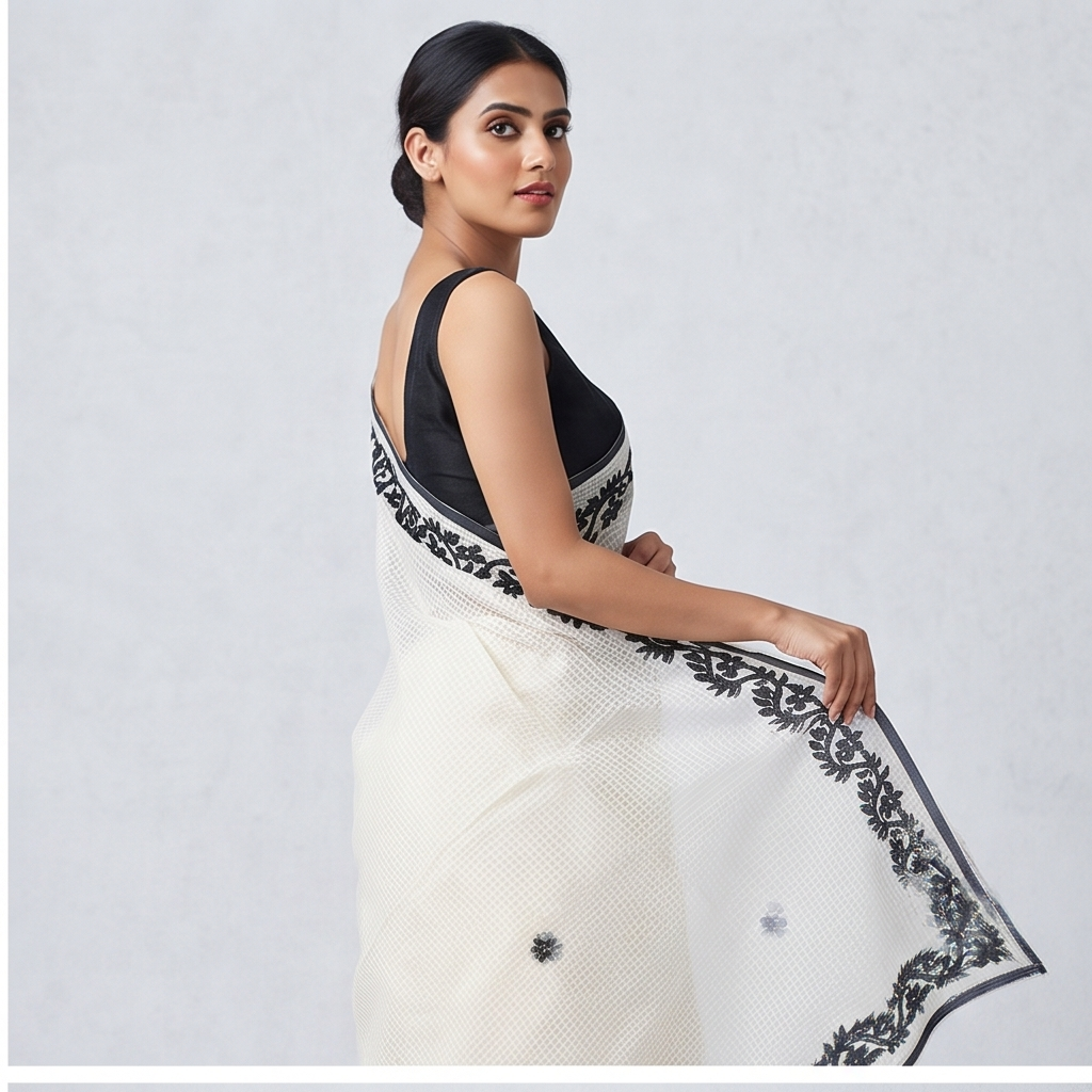 WHITE-BLACK COTTON KOTA APPLICK SAREE - View 3
