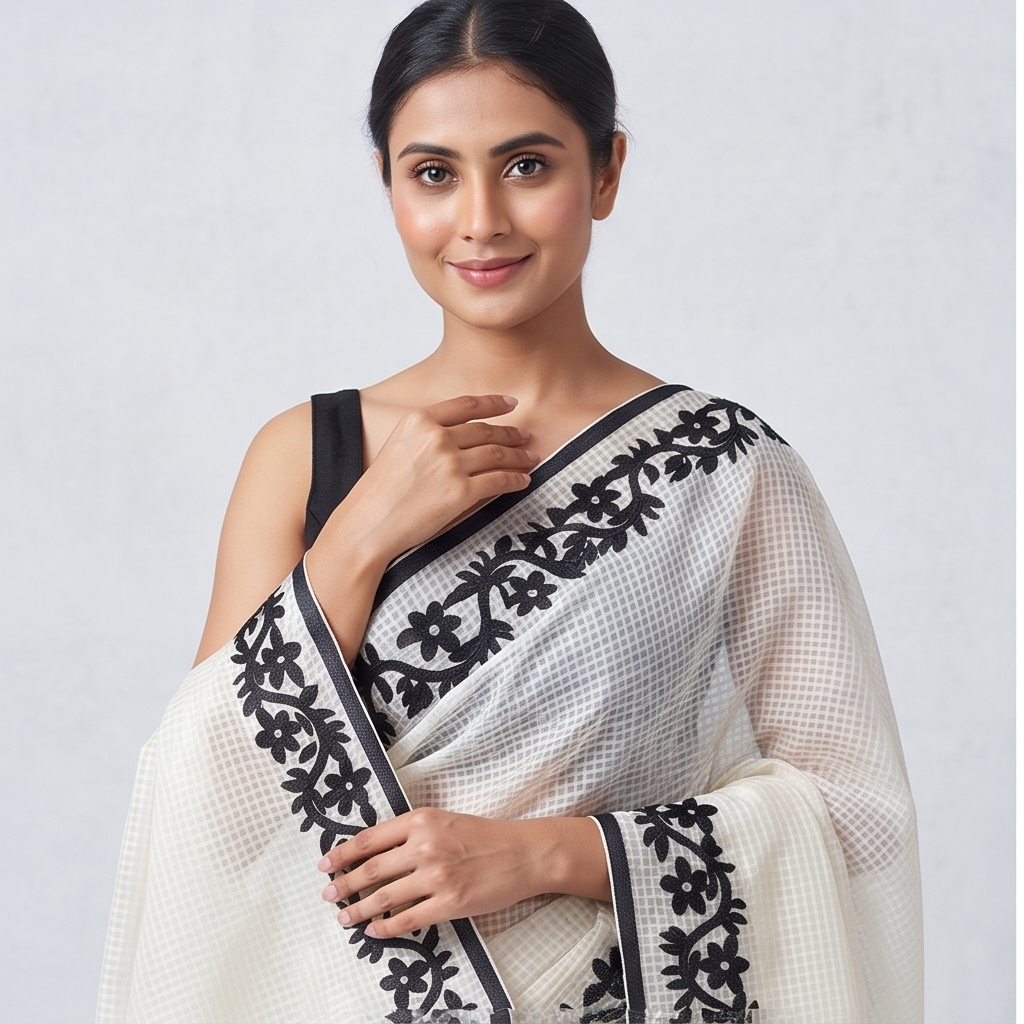 WHITE-BLACK COTTON KOTA APPLICK SAREE - View 4