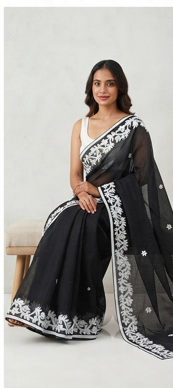BLACK COTTON KOTA APPLICK SAREE